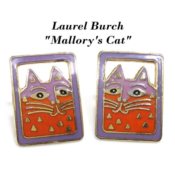 Vintage Laurel Burch "Mallory's Cat" Post Earrings, Gold Plated, Cloisonne - Picture 1 of 10